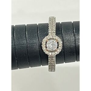 Halo Ring Round Cut Cubic Zirconia Silver tone Size 9